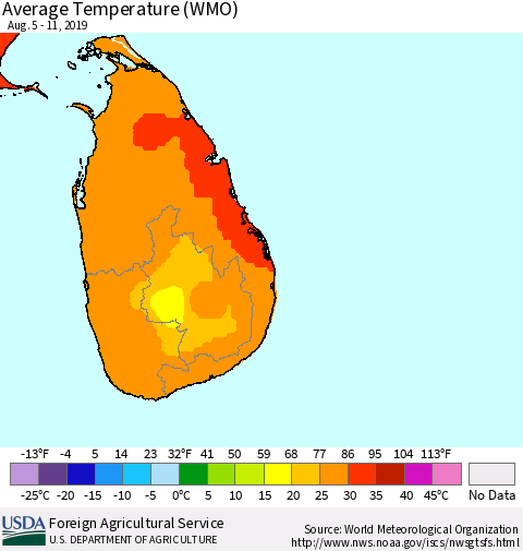 Sri Lanka Average Temperature (WMO) Thematic Map For 8/5/2019 - 8/11/2019