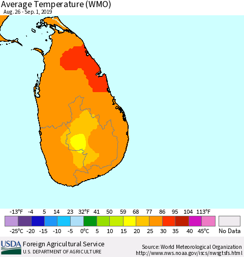Sri Lanka Average Temperature (WMO) Thematic Map For 8/26/2019 - 9/1/2019