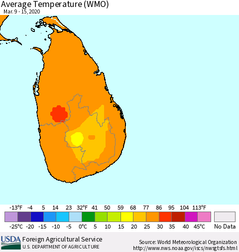 Sri Lanka Average Temperature (WMO) Thematic Map For 3/9/2020 - 3/15/2020