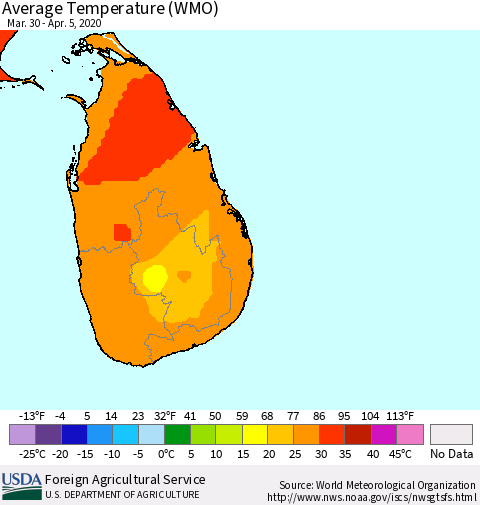 Sri Lanka Average Temperature (WMO) Thematic Map For 3/30/2020 - 4/5/2020