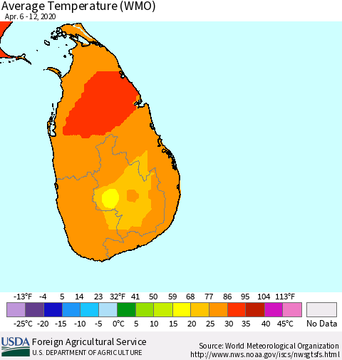 Sri Lanka Average Temperature (WMO) Thematic Map For 4/6/2020 - 4/12/2020