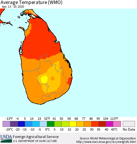 Sri Lanka Average Temperature (WMO) Thematic Map For 4/13/2020 - 4/19/2020