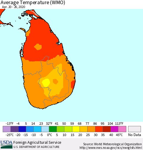 Sri Lanka Average Temperature (WMO) Thematic Map For 4/20/2020 - 4/26/2020