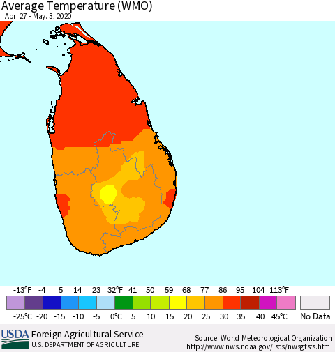 Sri Lanka Average Temperature (WMO) Thematic Map For 4/27/2020 - 5/3/2020