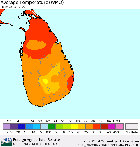 Sri Lanka Average Temperature (WMO) Thematic Map For 5/25/2020 - 5/31/2020