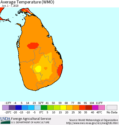 Sri Lanka Average Temperature (WMO) Thematic Map For 6/1/2020 - 6/7/2020