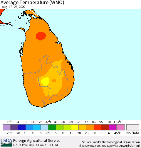 Sri Lanka Average Temperature (WMO) Thematic Map For 8/17/2020 - 8/23/2020