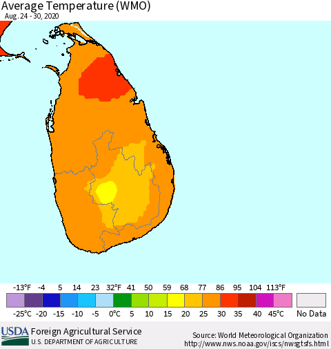 Sri Lanka Average Temperature (WMO) Thematic Map For 8/24/2020 - 8/30/2020