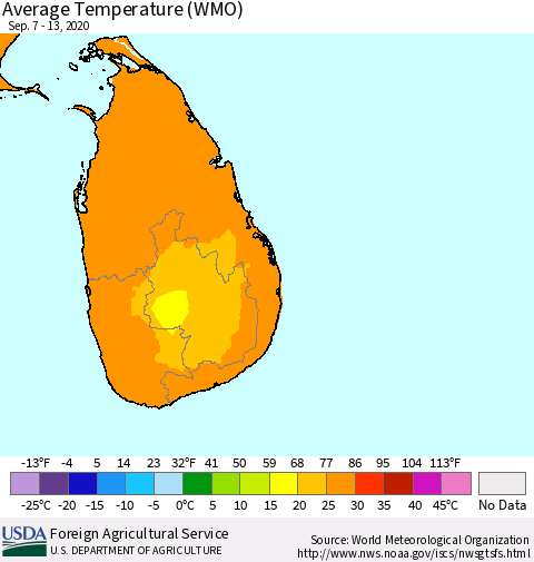 Sri Lanka Average Temperature (WMO) Thematic Map For 9/7/2020 - 9/13/2020