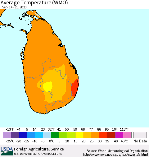 Sri Lanka Average Temperature (WMO) Thematic Map For 9/14/2020 - 9/20/2020