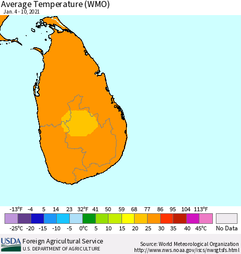 Sri Lanka Average Temperature (WMO) Thematic Map For 1/4/2021 - 1/10/2021