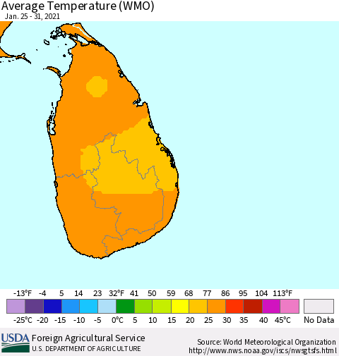 Sri Lanka Average Temperature (WMO) Thematic Map For 1/25/2021 - 1/31/2021