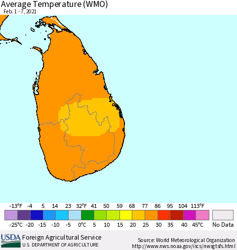 Sri Lanka Average Temperature (WMO) Thematic Map For 2/1/2021 - 2/7/2021