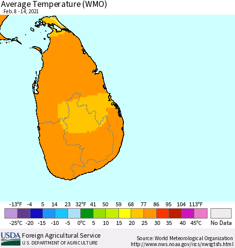 Sri Lanka Average Temperature (WMO) Thematic Map For 2/8/2021 - 2/14/2021