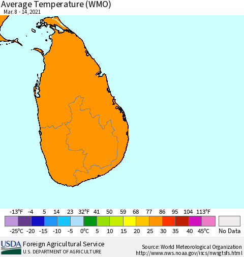 Sri Lanka Average Temperature (WMO) Thematic Map For 3/8/2021 - 3/14/2021