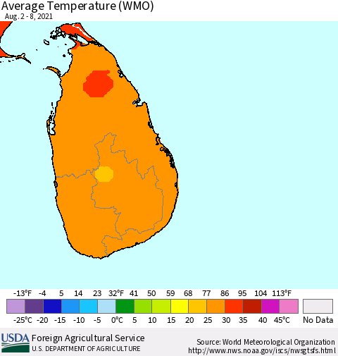 Sri Lanka Average Temperature (WMO) Thematic Map For 8/2/2021 - 8/8/2021