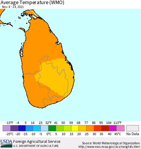 Sri Lanka Average Temperature (WMO) Thematic Map For 11/8/2021 - 11/14/2021