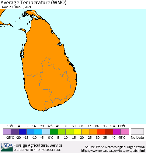 Sri Lanka Average Temperature (WMO) Thematic Map For 11/29/2021 - 12/5/2021