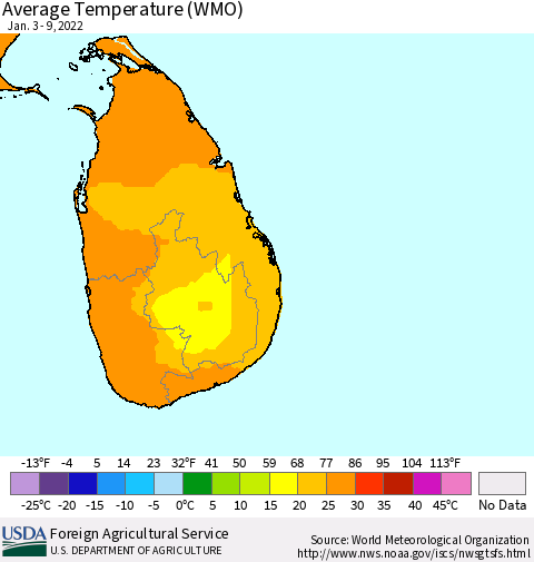 Sri Lanka Average Temperature (WMO) Thematic Map For 1/3/2022 - 1/9/2022