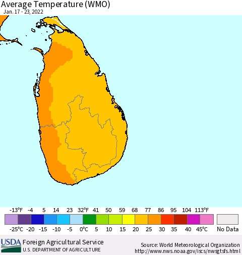 Sri Lanka Average Temperature (WMO) Thematic Map For 1/17/2022 - 1/23/2022