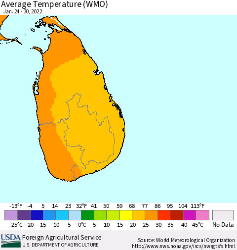 Sri Lanka Average Temperature (WMO) Thematic Map For 1/24/2022 - 1/30/2022