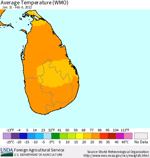 Sri Lanka Average Temperature (WMO) Thematic Map For 1/31/2022 - 2/6/2022