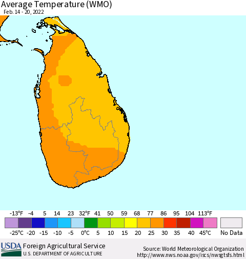 Sri Lanka Average Temperature (WMO) Thematic Map For 2/14/2022 - 2/20/2022