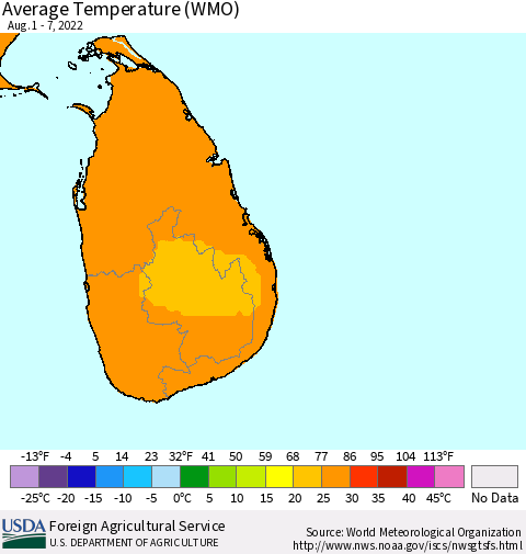 Sri Lanka Average Temperature (WMO) Thematic Map For 8/1/2022 - 8/7/2022