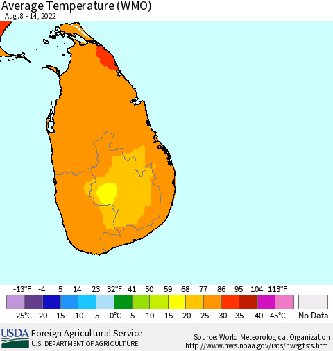 Sri Lanka Average Temperature (WMO) Thematic Map For 8/8/2022 - 8/14/2022