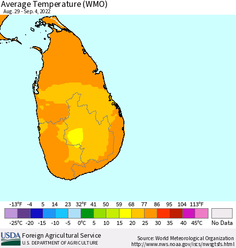 Sri Lanka Average Temperature (WMO) Thematic Map For 8/29/2022 - 9/4/2022