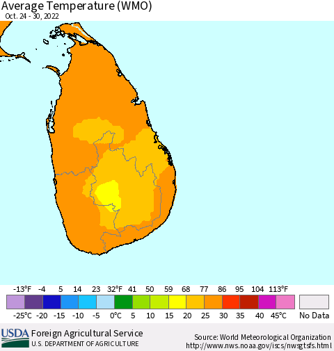 Sri Lanka Average Temperature (WMO) Thematic Map For 10/24/2022 - 10/30/2022
