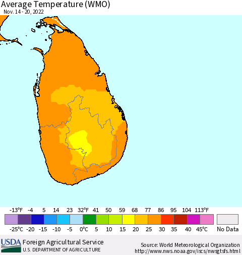 Sri Lanka Average Temperature (WMO) Thematic Map For 11/14/2022 - 11/20/2022
