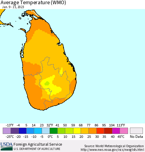 Sri Lanka Average Temperature (WMO) Thematic Map For 1/9/2023 - 1/15/2023