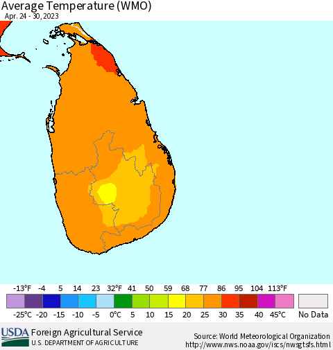 Sri Lanka Average Temperature (WMO) Thematic Map For 4/24/2023 - 4/30/2023