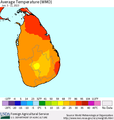 Sri Lanka Average Temperature (WMO) Thematic Map For 6/5/2023 - 6/11/2023