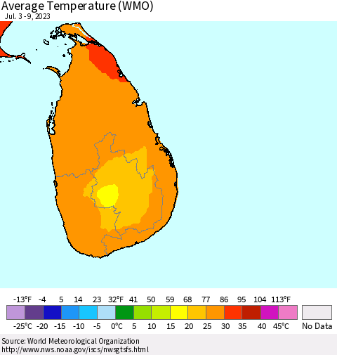 Sri Lanka Average Temperature (WMO) Thematic Map For 7/3/2023 - 7/9/2023