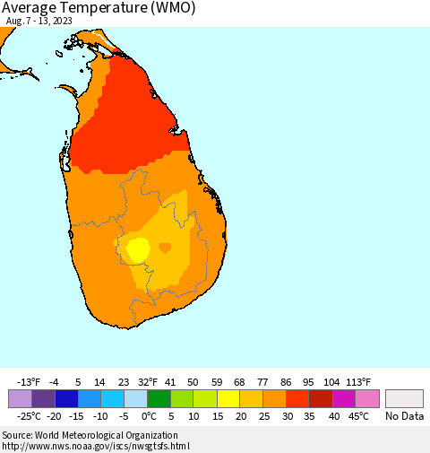 Sri Lanka Average Temperature (WMO) Thematic Map For 8/7/2023 - 8/13/2023