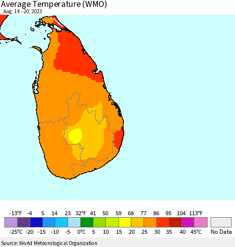 Sri Lanka Average Temperature (WMO) Thematic Map For 8/14/2023 - 8/20/2023