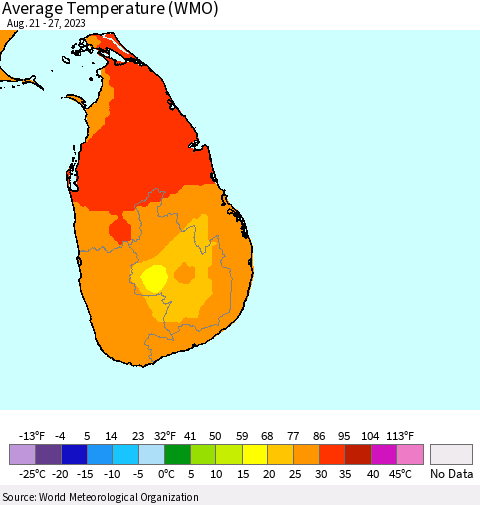 Sri Lanka Average Temperature (WMO) Thematic Map For 8/21/2023 - 8/27/2023