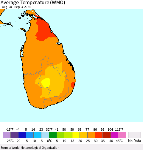 Sri Lanka Average Temperature (WMO) Thematic Map For 8/28/2023 - 9/3/2023