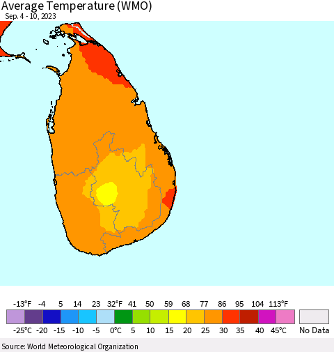 Sri Lanka Average Temperature (WMO) Thematic Map For 9/4/2023 - 9/10/2023