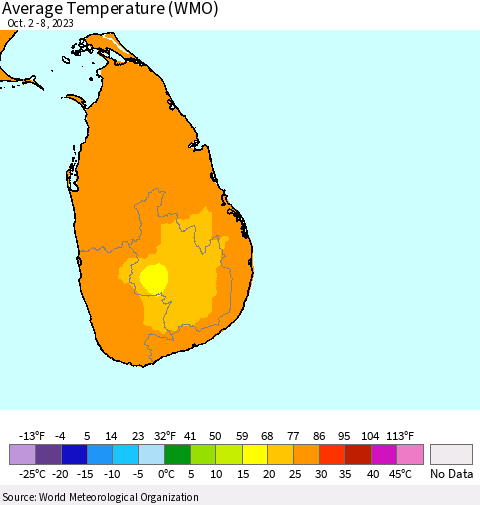 Sri Lanka Average Temperature (WMO) Thematic Map For 10/2/2023 - 10/8/2023