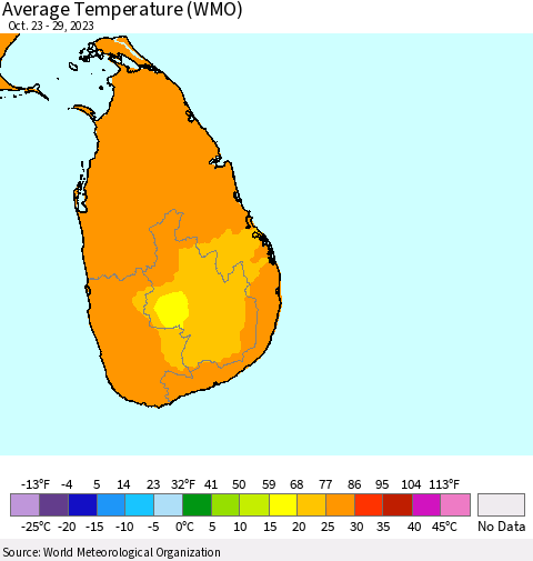 Sri Lanka Average Temperature (WMO) Thematic Map For 10/23/2023 - 10/29/2023