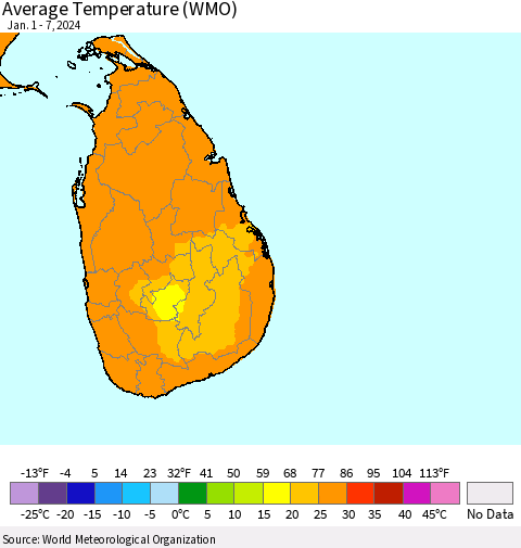 Sri Lanka Average Temperature (WMO) Thematic Map For 1/1/2024 - 1/7/2024