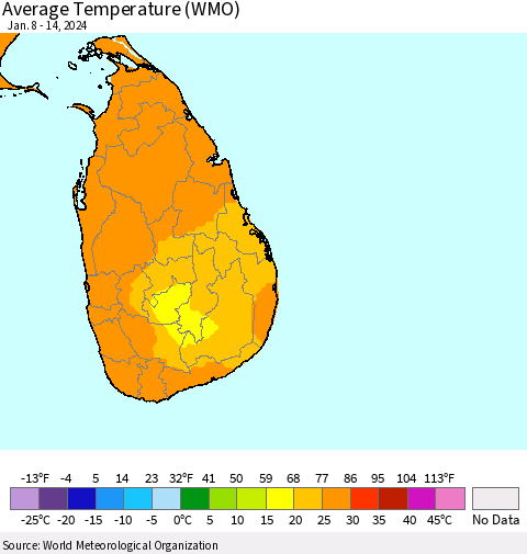 Sri Lanka Average Temperature (WMO) Thematic Map For 1/8/2024 - 1/14/2024