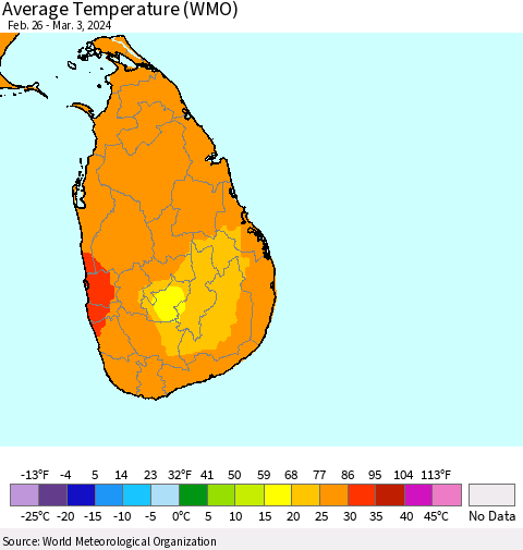 Sri Lanka Average Temperature (WMO) Thematic Map For 2/26/2024 - 3/3/2024