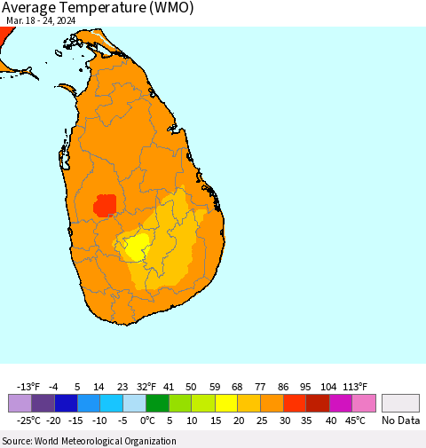 Sri Lanka Average Temperature (WMO) Thematic Map For 3/18/2024 - 3/24/2024