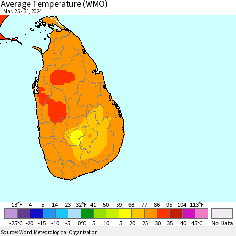 Sri Lanka Average Temperature (WMO) Thematic Map For 3/25/2024 - 3/31/2024
