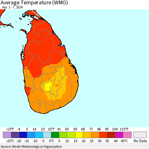 Sri Lanka Average Temperature (WMO) Thematic Map For 4/1/2024 - 4/7/2024