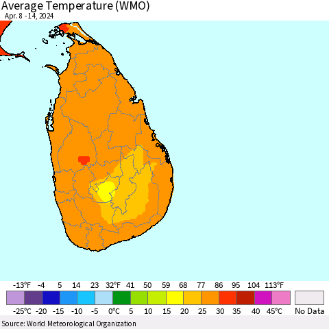 Sri Lanka Average Temperature (WMO) Thematic Map For 4/8/2024 - 4/14/2024